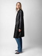 Macari Leather Coat - Long black smooth leather buttoned coat.
