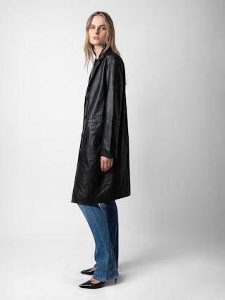 Manteau Macari Cuir - Manteau long boutonné en cuir lisse noir.