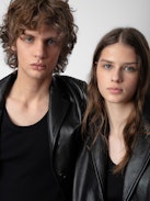 Macari Leather Coat - Long black smooth leather buttoned coat.