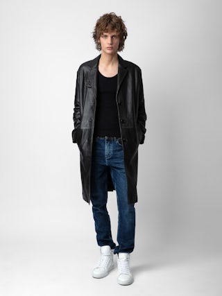 Manteau Macari Cuir - Manteau long boutonné en cuir lisse noir.