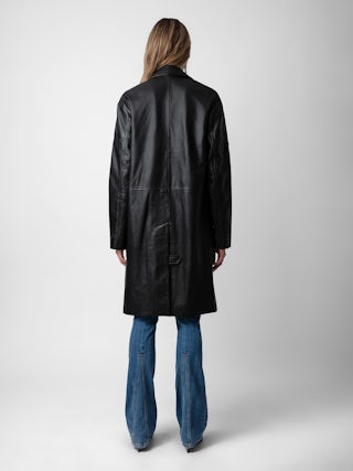 Manteau Macari Cuir - Manteau long boutonné en cuir lisse noir.