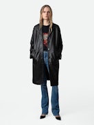 Macari Leather Coat - Long black smooth leather buttoned coat.