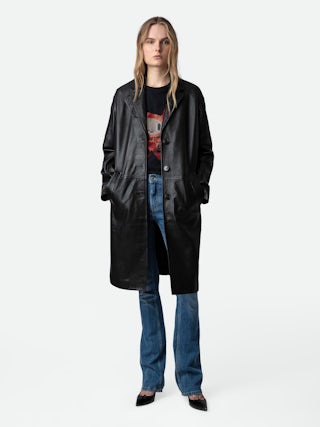 Manteau Macari Cuir - Manteau long boutonné en cuir lisse noir.