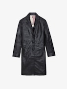 Macari Leather Coat - Long black smooth leather buttoned coat.