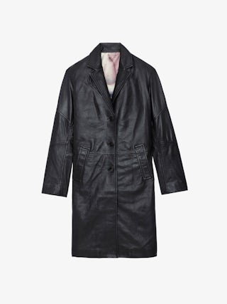 Manteau Macari Cuir - Manteau long boutonné en cuir lisse noir.