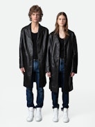 Macari Leather Coat - Long black smooth leather buttoned coat.