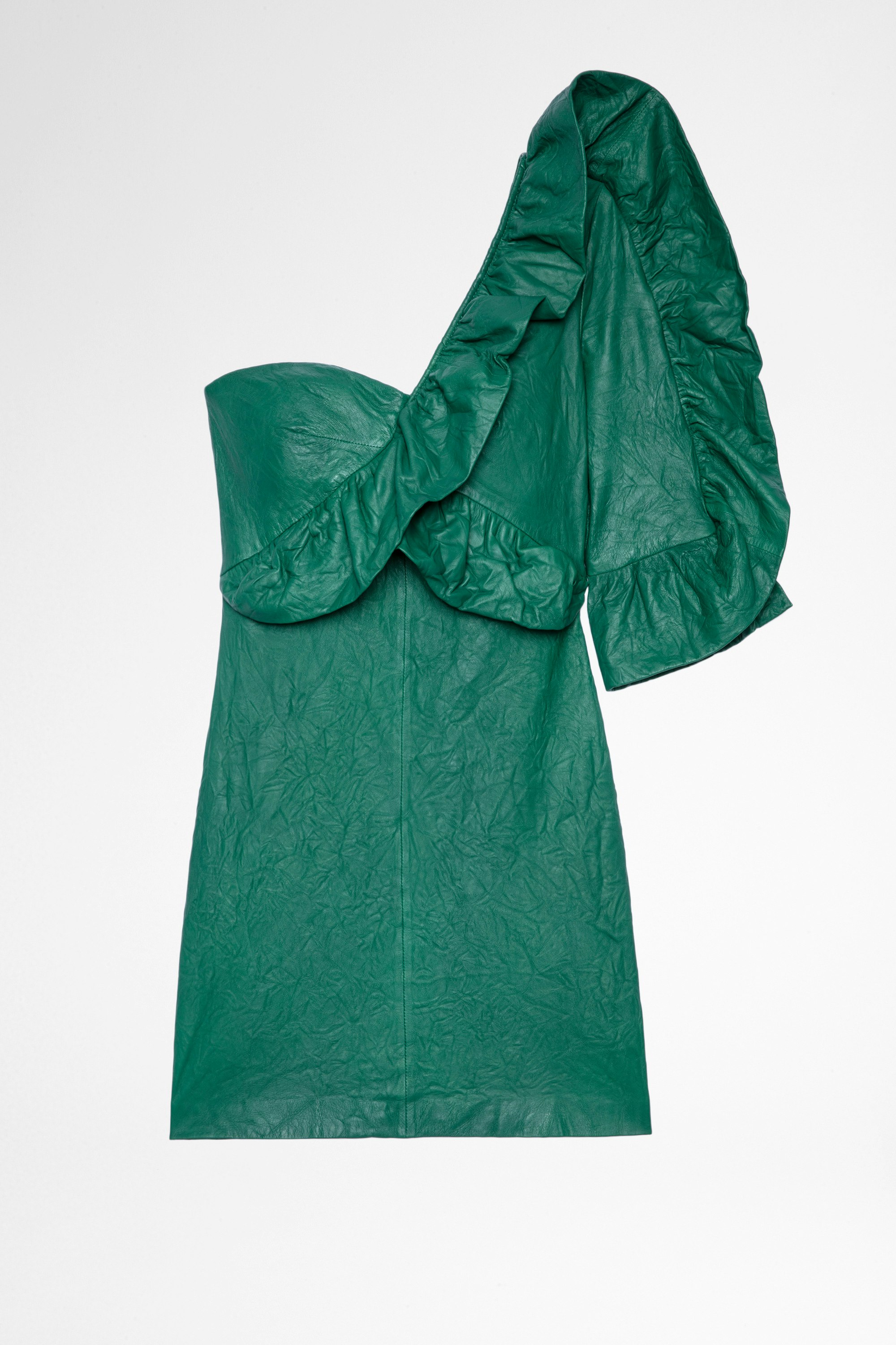 Rainbow Dress Crinkled Leather Women's asymmetrical green dress in crinkled leather with ruffles