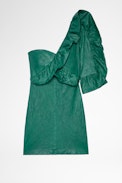 Kleid Rainbow Knitterleder - Asymmetrisches Damenkleid aus grünem Knitterleder mit Volant