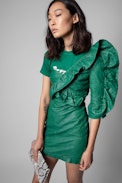 Kleid Rainbow Knitterleder - Asymmetrisches Damenkleid aus grünem Knitterleder mit Volant
