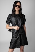 Abito Rixe in pelle stropicciata - Abito in pelle stropicciata a maniche corte a palloncino donna