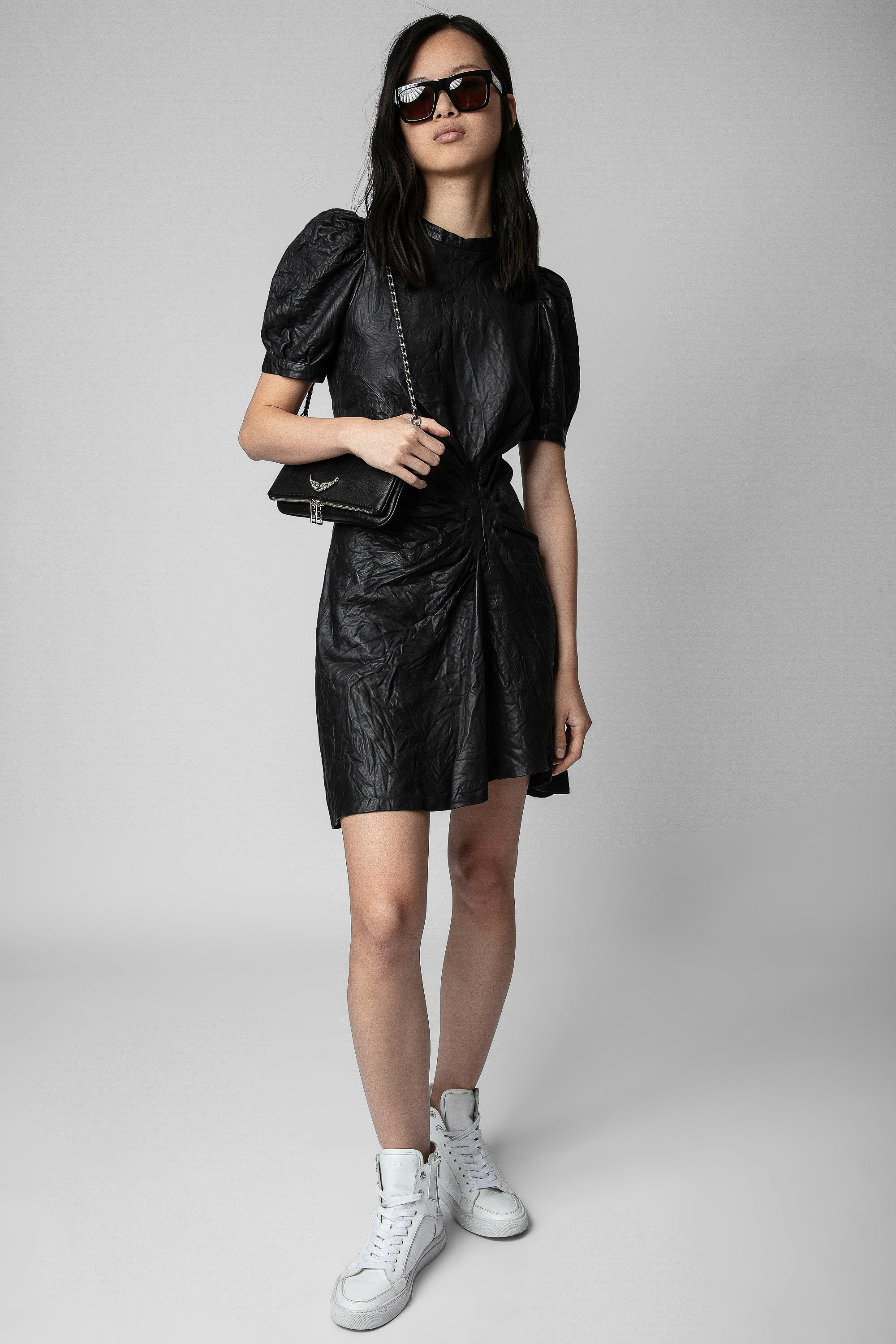 Rixe Creased Leather Dress - Women’s creased leather dress with short balloon sleeves