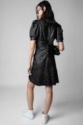 Abito Rixe in pelle stropicciata - Abito in pelle stropicciata a maniche corte a palloncino donna