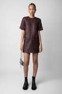 Riddy Dress 100% Crinkled Leather - Women’s short brown crinkled leather dress with short sleeves.
