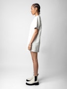 Riddy Dress 100% Crinkled Leather - Women’s short white crinkled leather dress with short sleeves.
