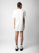 Riddy Dress 100% Crinkled Leather - Women’s short white crinkled leather dress with short sleeves.