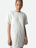 Riddy Dress 100% Crinkled Leather - Women’s short white crinkled leather dress with short sleeves.