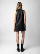 Rasha Crinkled Leather Dress - Short black crinkled leather sleeveless dress with V neckline.