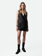 Rasha Crinkled Leather Dress - Short black crinkled leather sleeveless dress with V neckline.