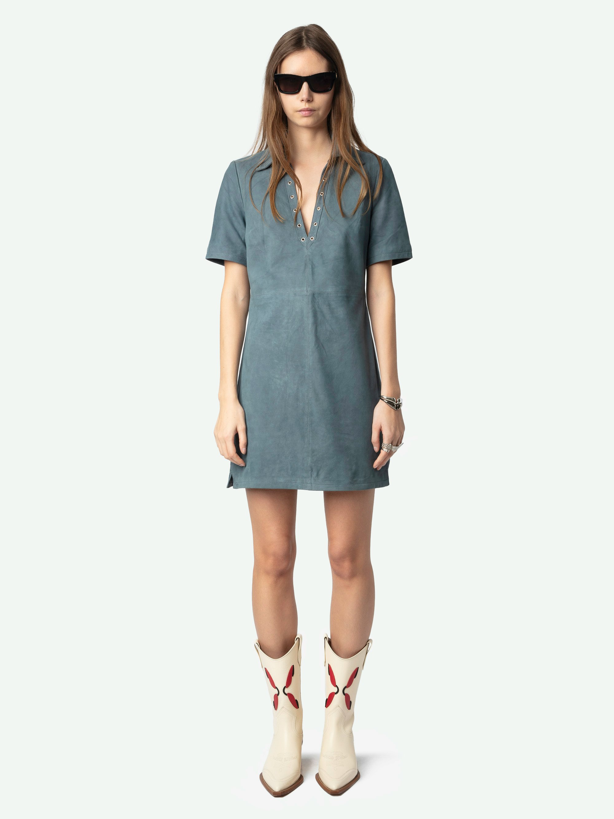 Ralmy Dress 100% Suede Leather - Short dress with short sleeves and eyelet-detailed neckline in suede leather.