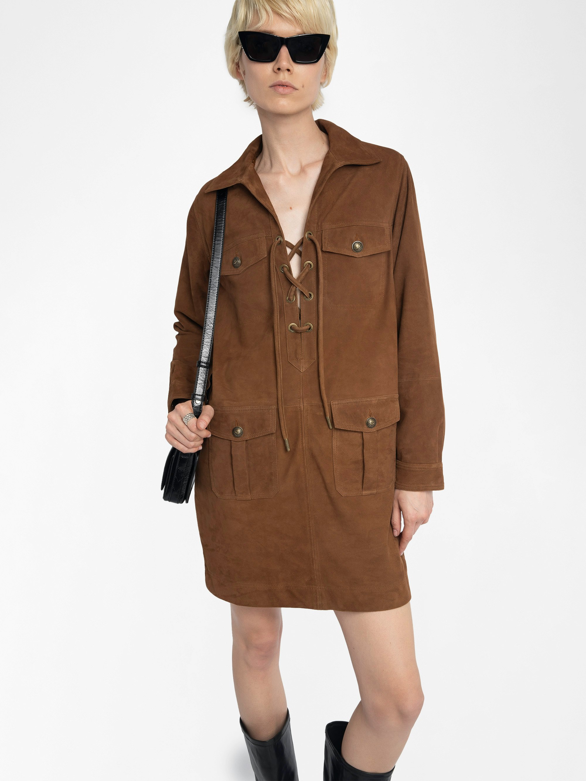 Remacha Suede Leather Dress - Short dress in suede, long sleeves, multi pockets and lace-up neckline.