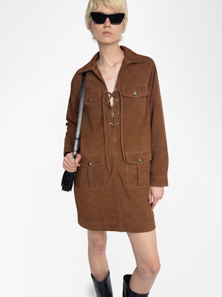 Remacha Suede Leather Dress - Short dress in suede, long sleeves, multi pockets and lace-up neckline.