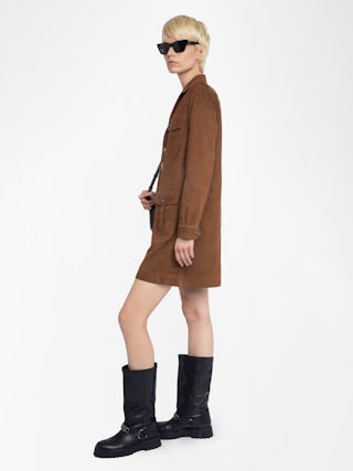 Remacha Suede Leather Dress - Short dress in suede, long sleeves, multi pockets and lace-up neckline.