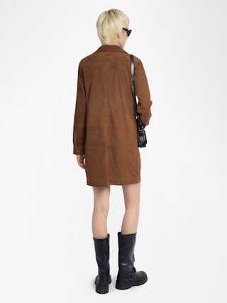 Remacha Suede Leather Dress - Short dress in suede, long sleeves, multi pockets and lace-up neckline.