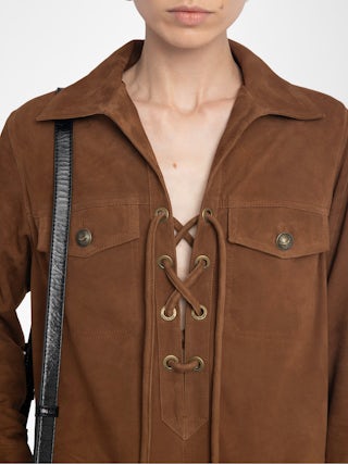 Remacha Suede Leather Dress - Short dress in suede, long sleeves, multi pockets and lace-up neckline.