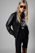 Birdie Jacket Leather - Women's black varsity jacket with leather sleeves