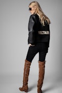 Birdie Jacket Leather - Women's black varsity jacket with leather sleeves