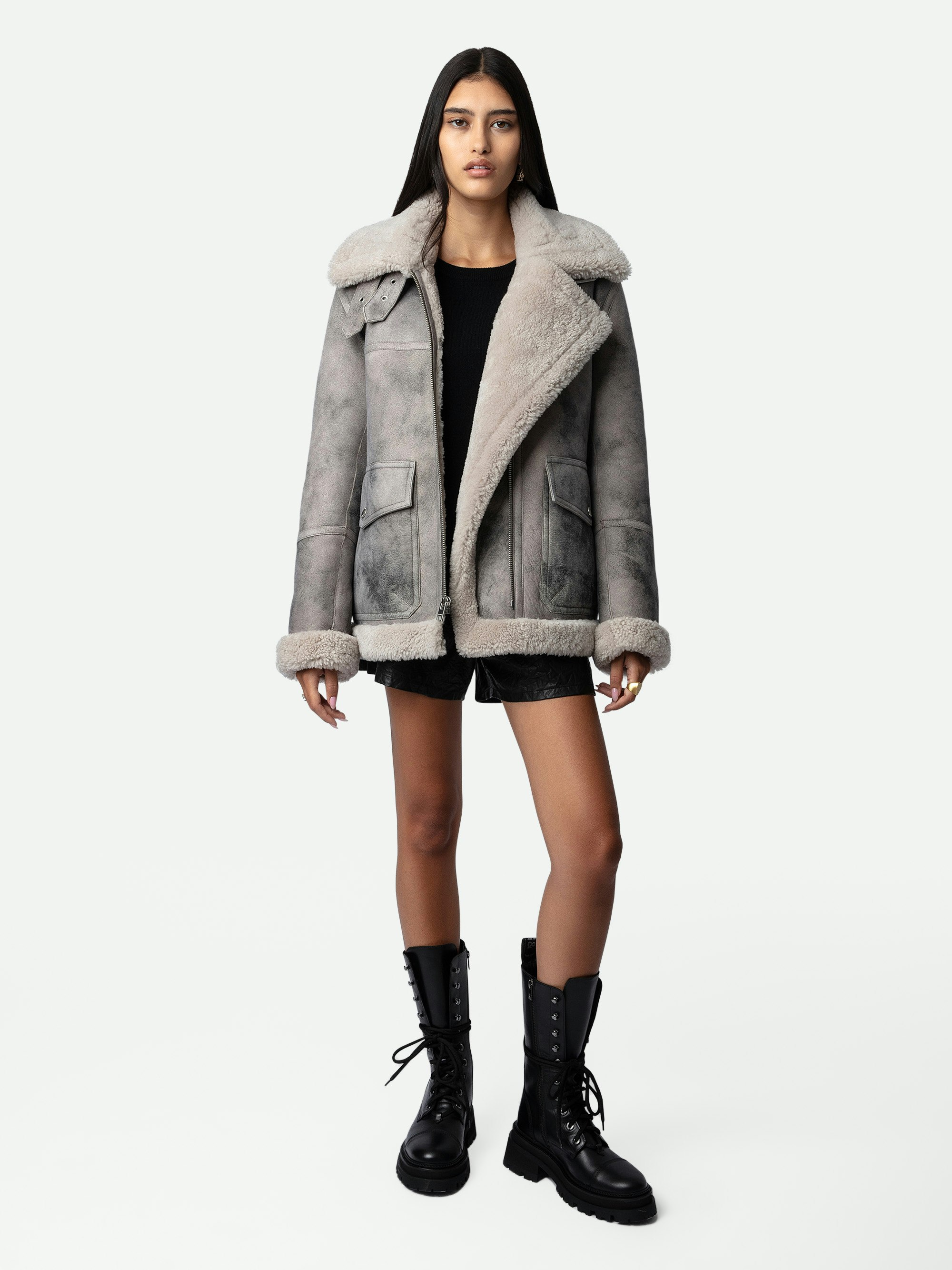 Kain Shearling Coat - Women's anthracite shearling coat with fur-lined interior.