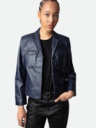 Liams Jacket 100% Leather - Women’s navy blue smooth leather jacket.