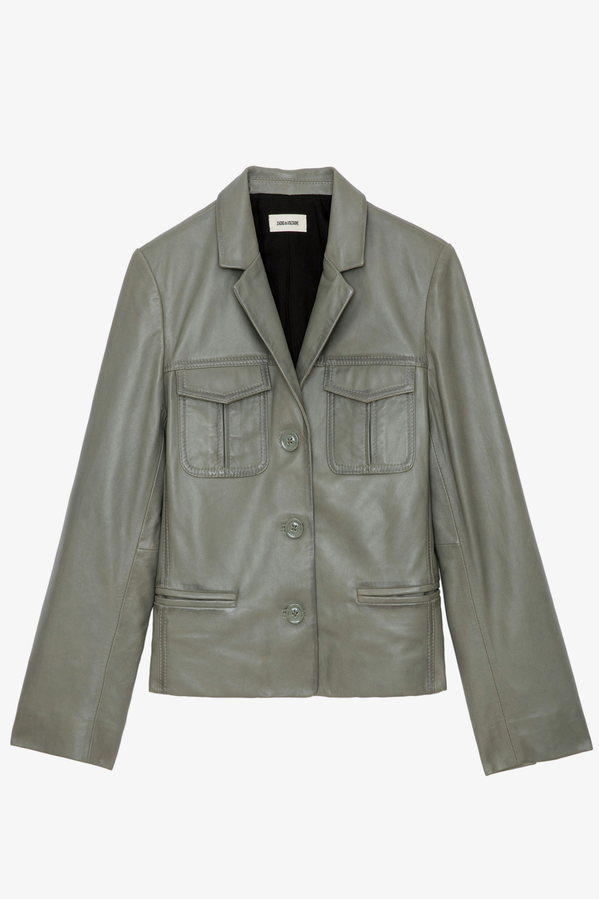 Liams Leather Jacket - Khaki smooth leather fitted jacket with button closure and pockets.