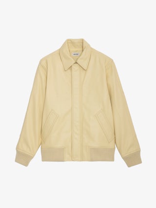 Blouson Kaia Cuir - Blouson en cuir grainé jaune clair zippé à boutons pression, poches et badge ailes.