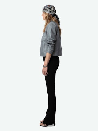 Litchi Leather Jacket - Long-sleeved grey smooth leather button-up cropped jacket with pockets and cut-outs.