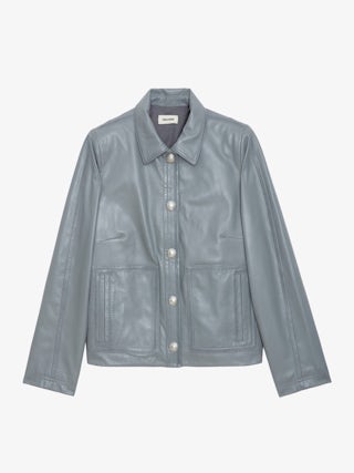 Litchi Leather Jacket - Long-sleeved grey smooth leather button-up cropped jacket with pockets and cut-outs.