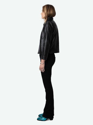 Litchi Leather Jacket - Long-sleeved smooth leather button-up cropped jacket with pockets and cut-outs.
