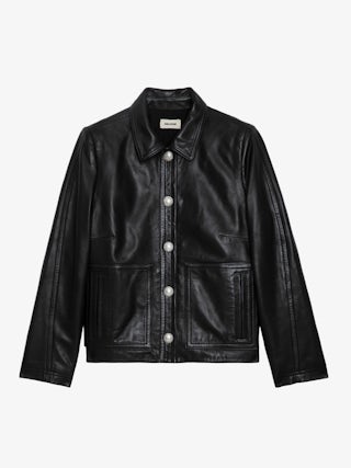 Litchi Leather Jacket - Long-sleeved smooth leather button-up cropped jacket with pockets and cut-outs.