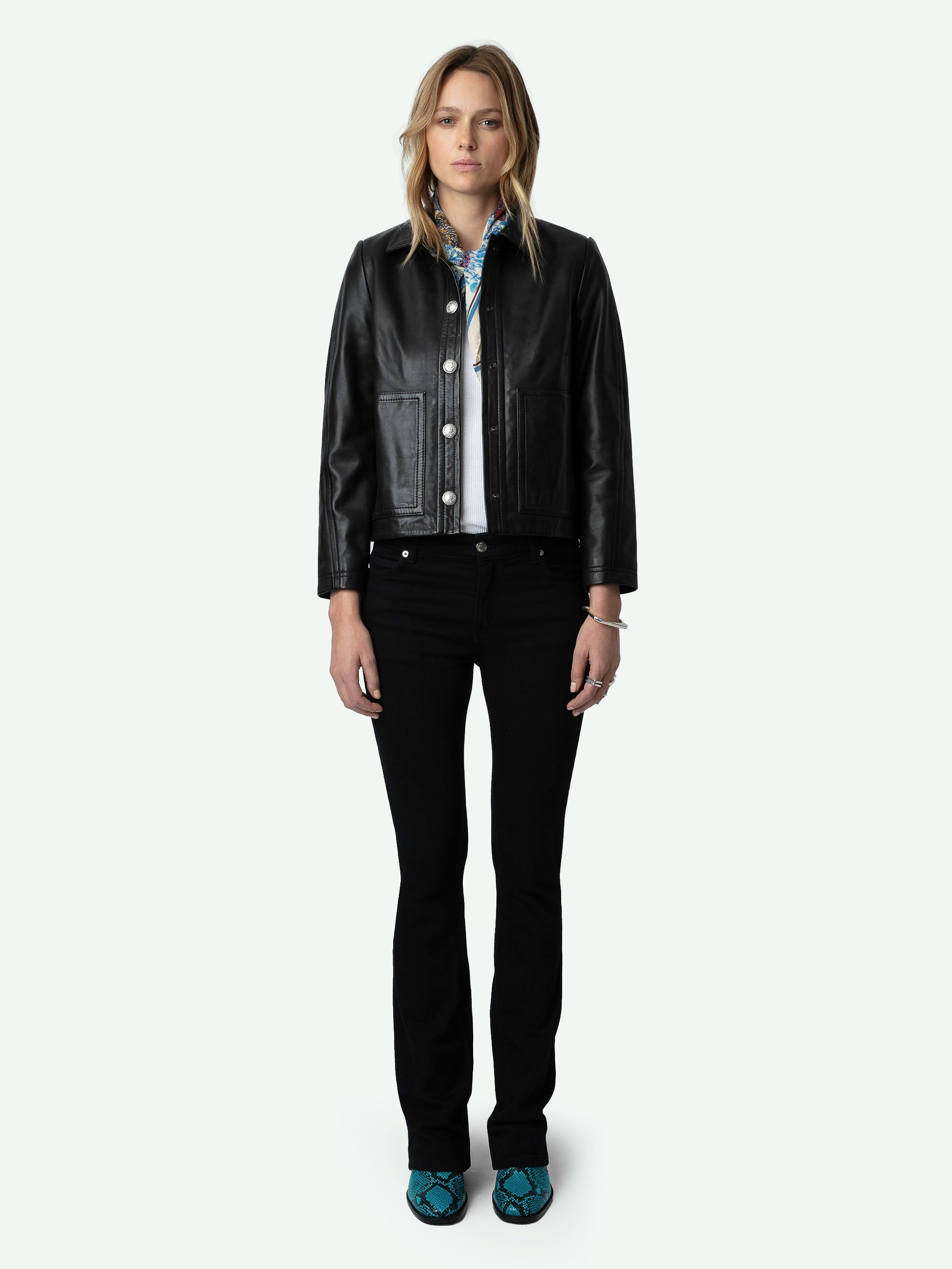 Litchi Leather Jacket - Long-sleeved smooth leather button-up cropped jacket with pockets and cut-outs.