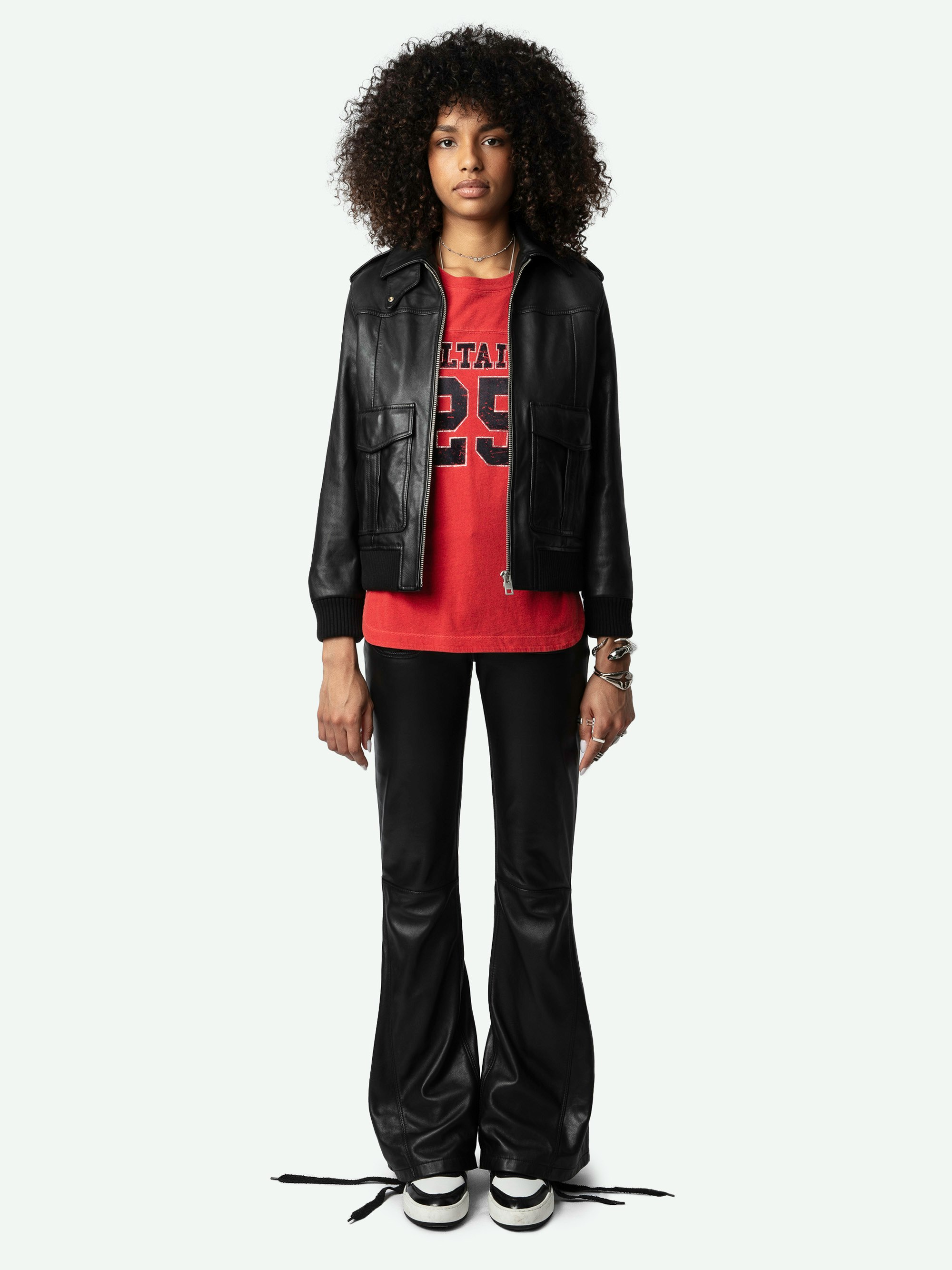 Luka Leather Jacket - Women's black leather jacket with zipper closure.