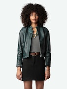Loupa Leather Jacket - Long-sleeved short zipped jacket in dark green leather with protective collar.