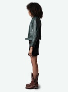 Loupa Leather Jacket - Long-sleeved short zipped jacket in dark green leather with protective collar.