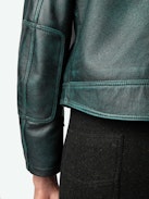 Loupa Leather Jacket - Long-sleeved short zipped jacket in dark green leather with protective collar.