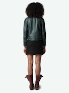 Loupa Leather Jacket - Long-sleeved short zipped jacket in dark green leather with protective collar.