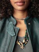 Loupa Leather Jacket - Long-sleeved short zipped jacket in dark green leather with protective collar.
