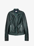 Loupa Leather Jacket - Long-sleeved short zipped jacket in dark green leather with protective collar.