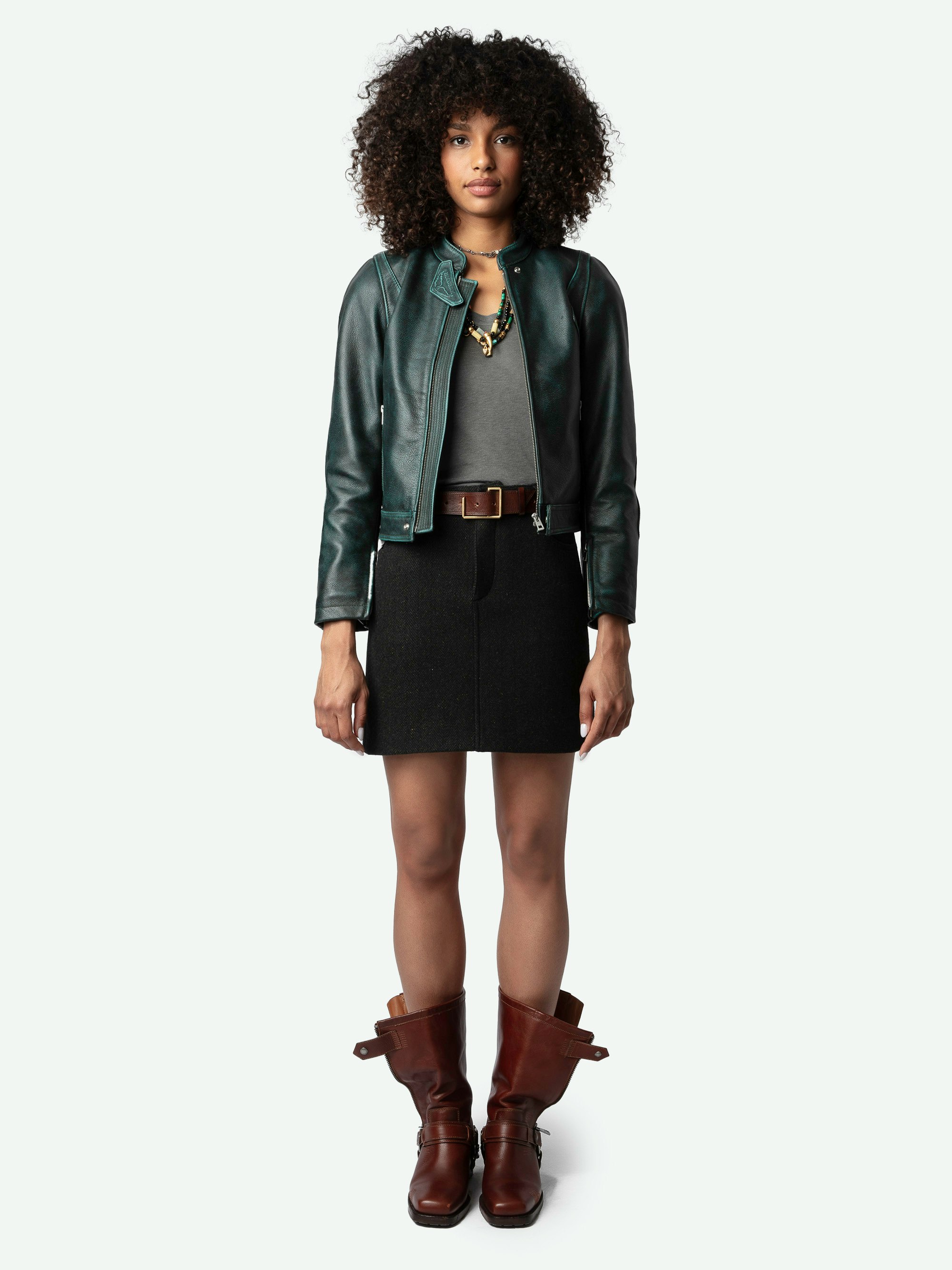 Loupa Leather Jacket - Long-sleeved short zipped jacket in dark green leather with protective collar.