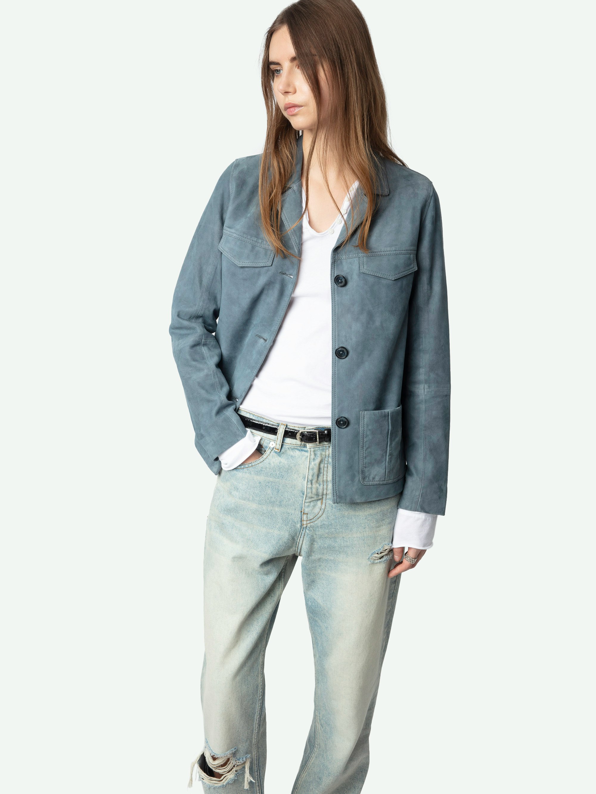 Laron Ladies Suede Leather Jacket - Understated luxury with a rebellious twist. This suede jacket brings effortless edge with its soft texture, utilitarian pockets, and relaxed tailoring. Perfectly undone yet undeniably refined—throw it over denim, layer it up, and make it your own.