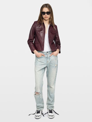 Jacket Liam Leather - Fitted buttoned jacket with embossed wings in smooth leather.