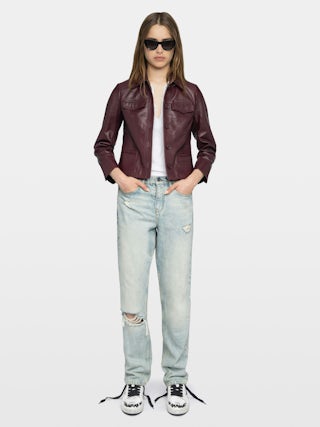 Liam Leather Jacket - Fitted buttoned jacket with embossed wings in smooth leather.